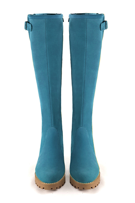 Peacock blue women's knee-high boots with buckles.. Made to measure. Top view - Florence KOOIJMAN